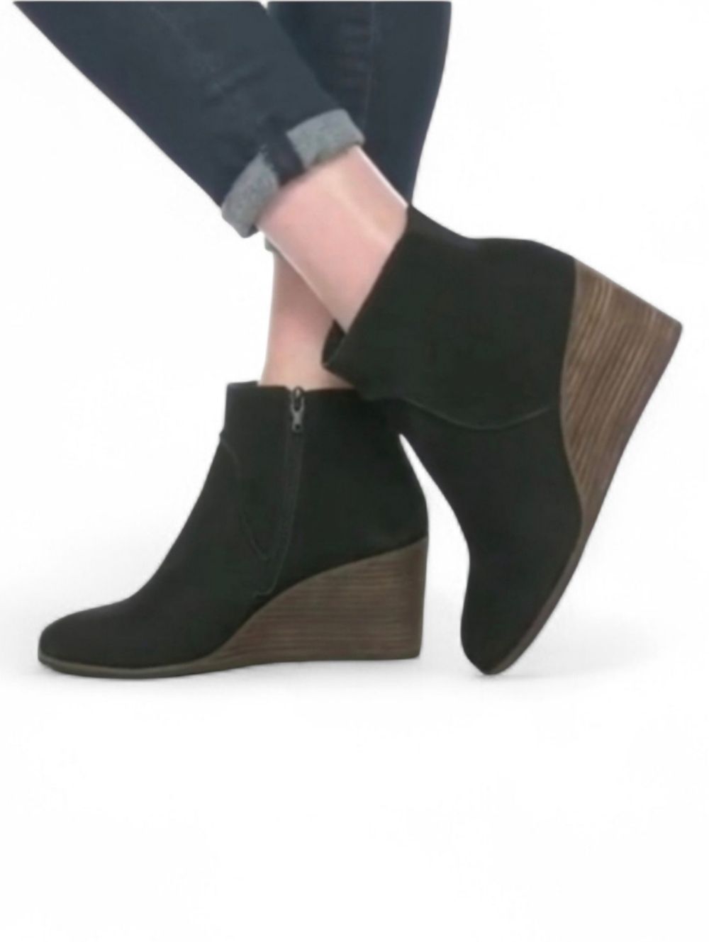 Lucky Brand Zanta Suede Wedge Heel Bootie Side Zipper Chunky Trendy Black 9.5